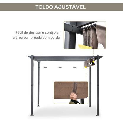 Outsunny Pérgola de Jardim 3x3 m com Toldo de Poliéster Retrátil e Estrutura de Alumínio para Exterior Pátio Cinza e Marrom