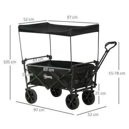 Outsunny Carrinho de Transporte com Toldo Removível Carrinho Dobrável com Alça Ajustável e Bolsa de Transporte Capacidade 100 kg para Campismo Praia 97x52x105 cm Preto