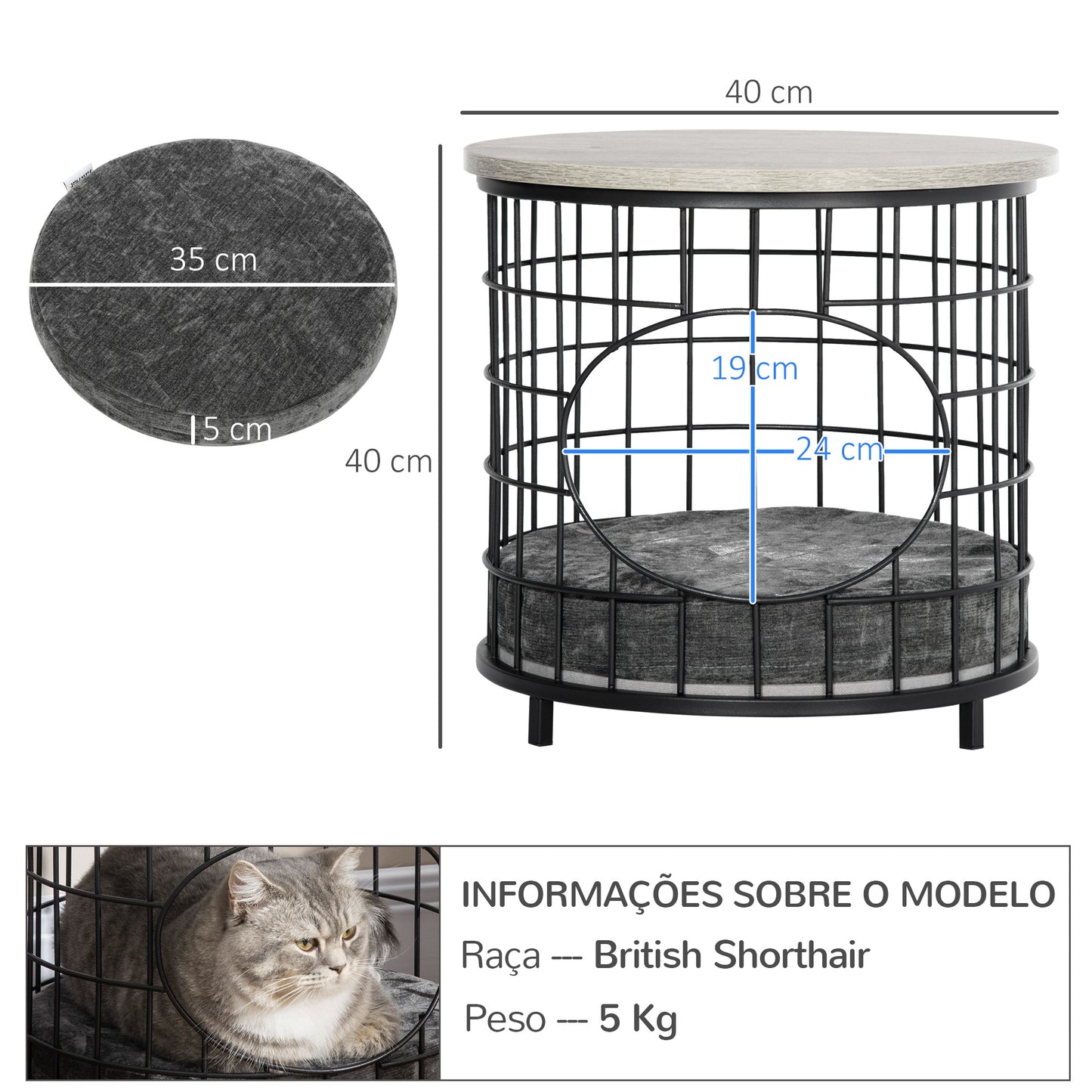 PawHut Mesa Auxiliar Mesa Lateral com 1 Orifício para Gatos Pequenos com Almofada Lavável Estrutura de Aço para Sala de Estar Dormitório 40x40x40cm Preto e Cinza