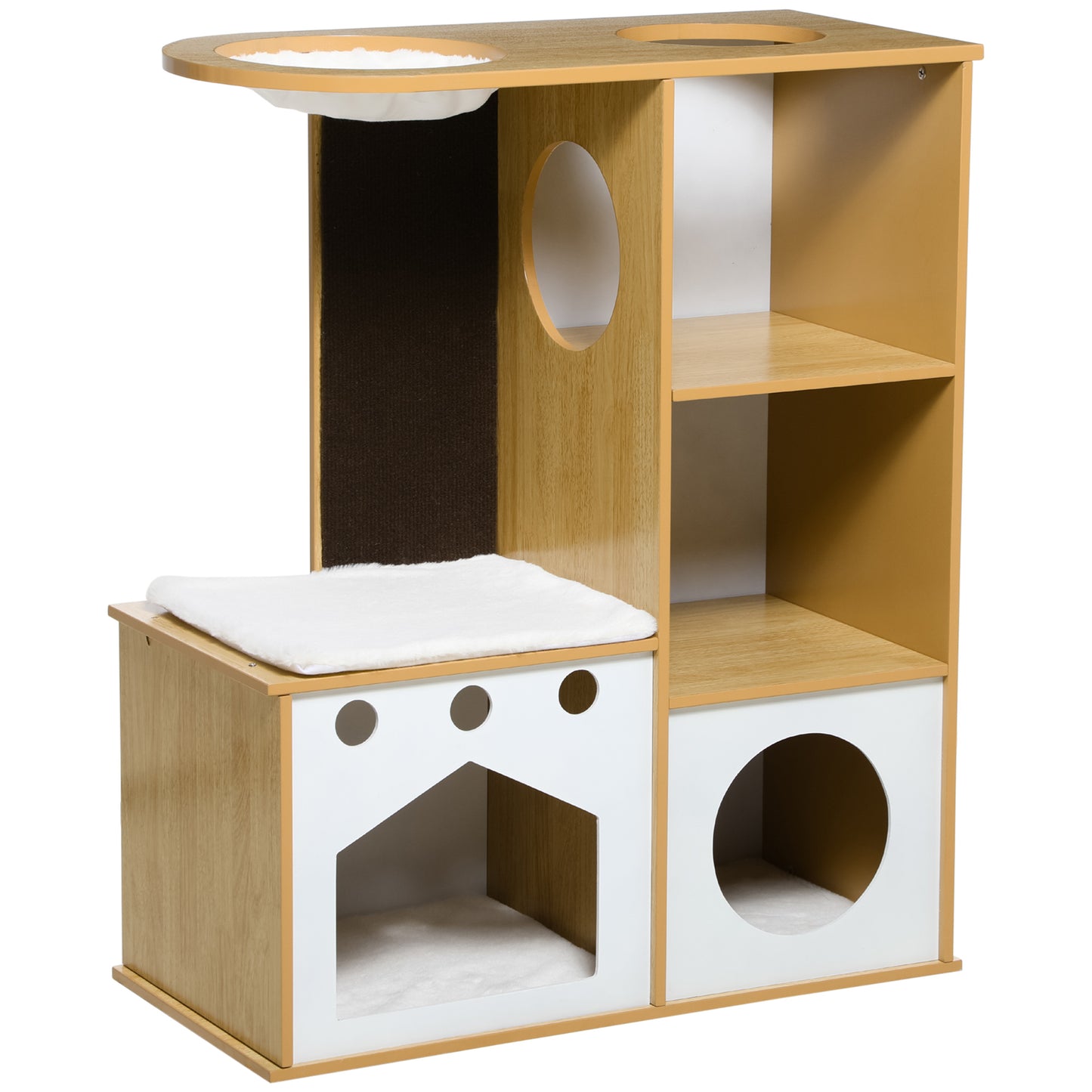 PawHut Casa para Gatos de Madeira 92,5cm Torre para Gatos com 2 Cavernas Arranhador Rede e Almofadas de Pélucia 76x37x92,5 cm Carvalho e Branco