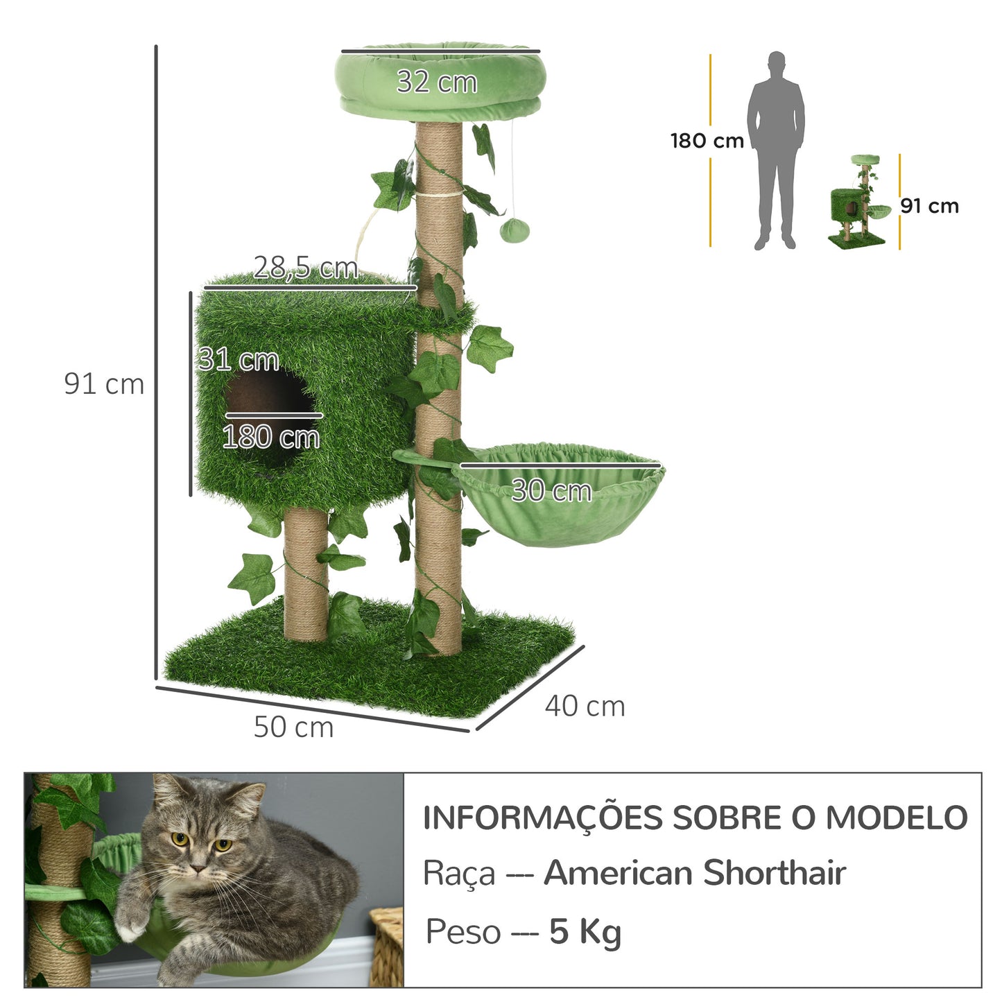 PawHut Árvore Arranhador para Gatos 91 cm Torre para 1-2 Gatos com Caverna Cama Rede Poste de Juta e Bola Suspensa 50x40x91 cm Verde