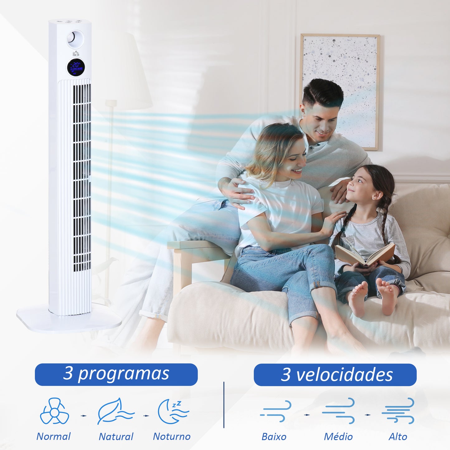 HOMCOM Ventoinha de Coluna 45W Silencioso com Controle Remoto 3 Velocidades 3 Modos Oscilação 70° Tela LED Tátil Temporizador 12h e Caixa de Aromas 31,5x31,5x96cm Branco