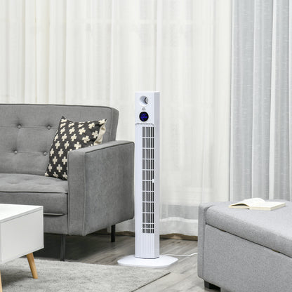 HOMCOM Ventoinha de Coluna 45W Silencioso com Controle Remoto 3 Velocidades 3 Modos Oscilação 70° Tela LED Tátil Temporizador 12h e Caixa de Aromas 31,5x31,5x96cm Branco