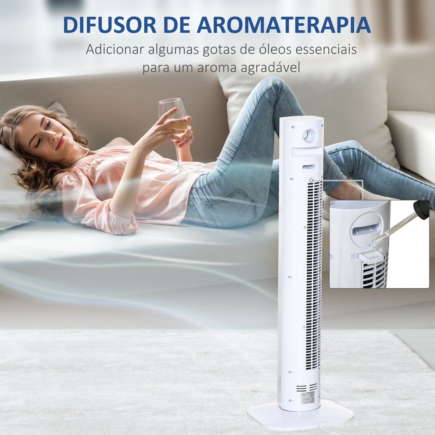 HOMCOM Ventoinha de Coluna 45W Silencioso com Controle Remoto 3 Velocidades 3 Modos Oscilação 70° Tela LED Tátil Temporizador 12h e Caixa de Aromas 31,5x31,5x96cm Branco