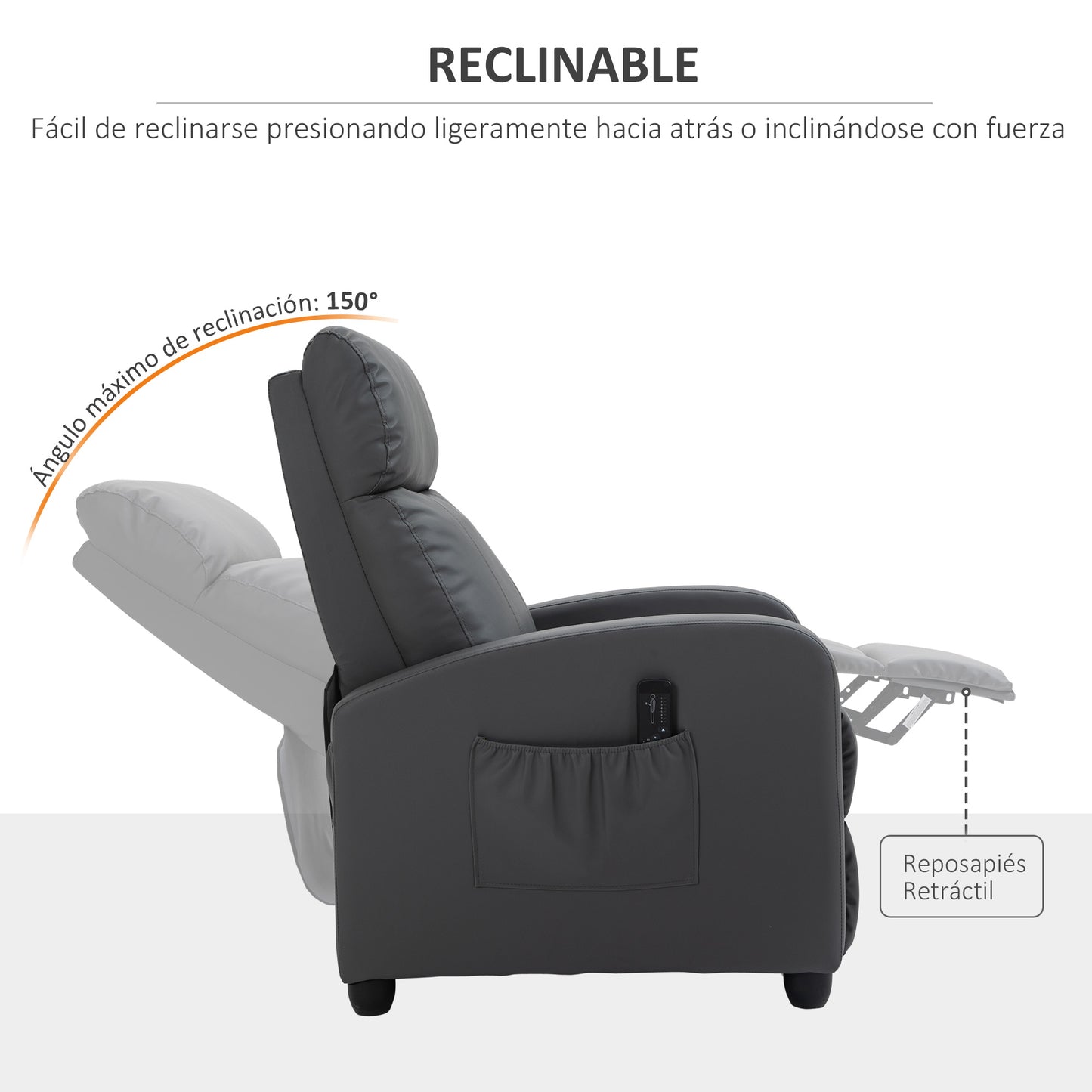 HOMCOM Poltrona de Massagem Poltrona Relax Reinclinável com Controle Remoto 2 Zonas de Massagem 8 Programas 5 Níveis de Intensidade Estofado em PU 68x88x98cm Cinza