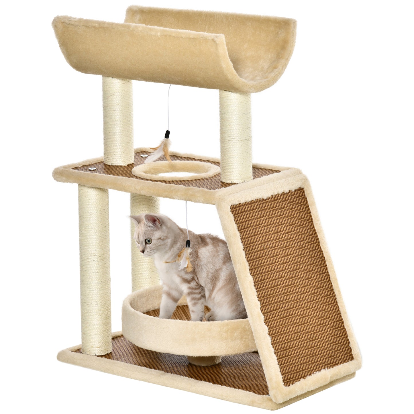 PawHut Árvore Arranhadora para Gatos 60x30x76cm com Cama de Linho Postes Arranhadores de Sisal Natural Plataforma Tipo Túnel Rampa e Brinquedos Suspensos Bege e Marrom