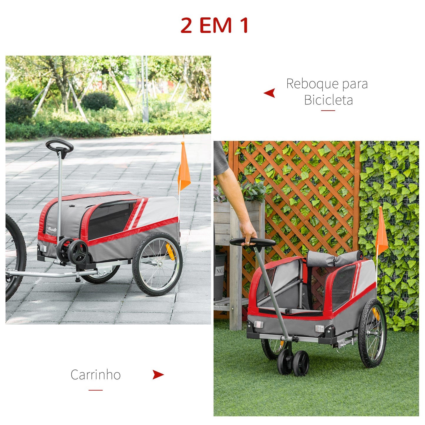 PawHut Reboque de Bicicleta para Cães 2 em 1 Carrinho para Animais de Estimação com Porta Enrolável Cinto de Segurança Bandeira e Refletores 130x64x92cm Vermelho e Cinza