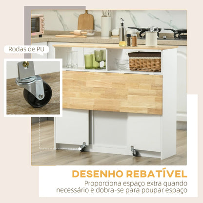 Ilha de Cozinha Marichi com Mesa Dobrável em Madeira de Borracha - Design Moderno