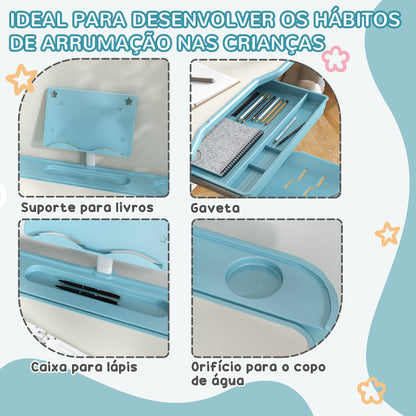 ZONEKIZ Conjunto de Secretária e Cadeira para Crianças de 6-12 Anos Secretária para Crianças com Altura Ajustável com 1 Gaveta Prateleira para Livros e Ângulo da Mesa Ajustável 80x49,5x82-104 cm Azul e Branco