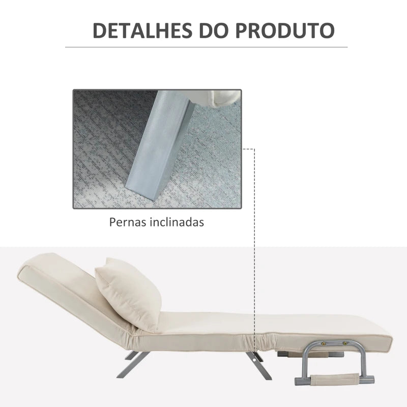 Sofá Cama Individual Poltrona Cama Individual Sofá Reclinável com Almofada para Sala Quarto Escritório Carga 100 kg 65x69x80 cm Creme