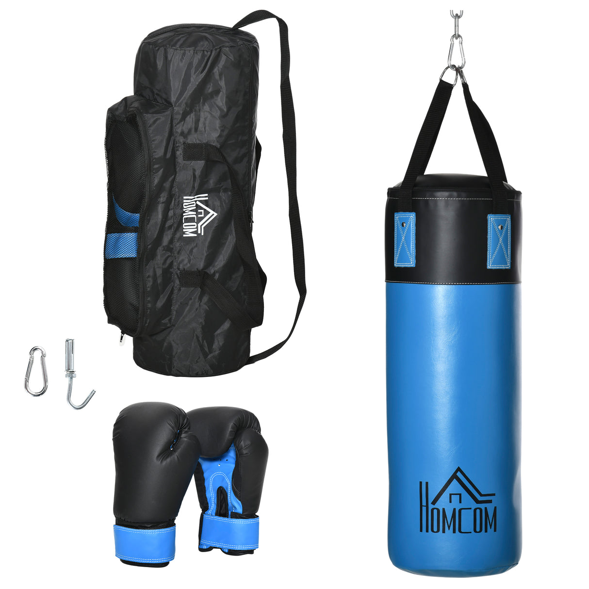 HOMCOM Saco de Boxe Profissional Puching Bag com Luvas de 8 oz Gancho e Bolsa de Armazenamento Saco de Areia de Treinamento para Adultos e Adolescentes Ø25x102 cm Azul