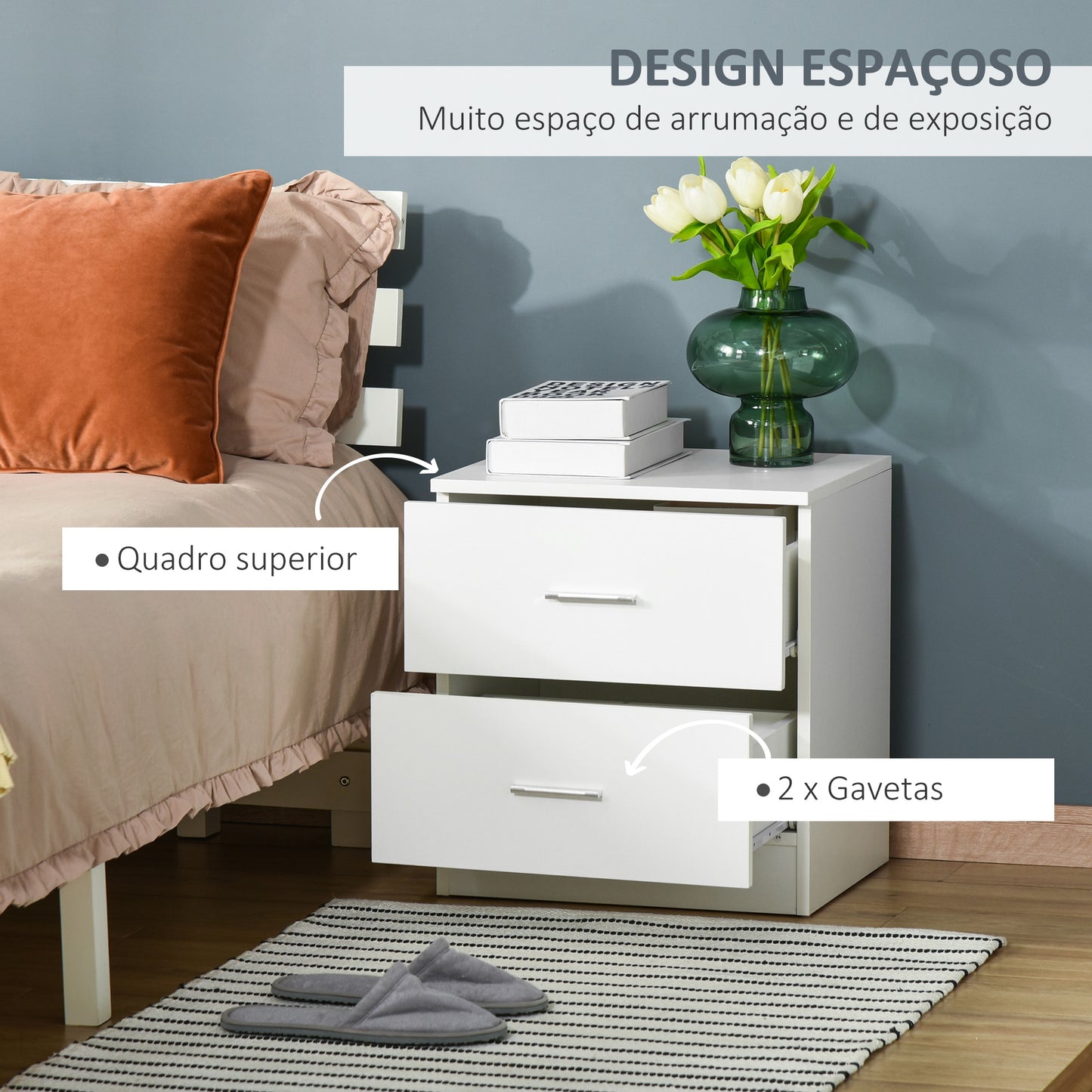 HOMCOM Mesa de Cabeceira Moderna Mesinha de Cabeceira com 2 Gavetas Mesa Auxiliar para Sala Quarto Capacidade 30 kg 45x39,5x49 cm Branco