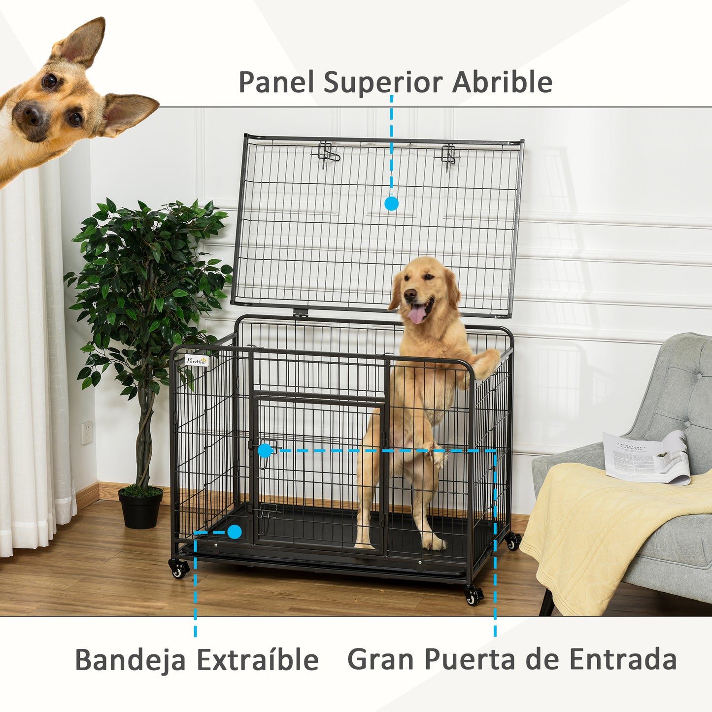 PawHut Gaiola de metal dobrável para cães com rodas e freios Bandeja removível e porta com travas 109,5x71x78 cm Cinza escuro