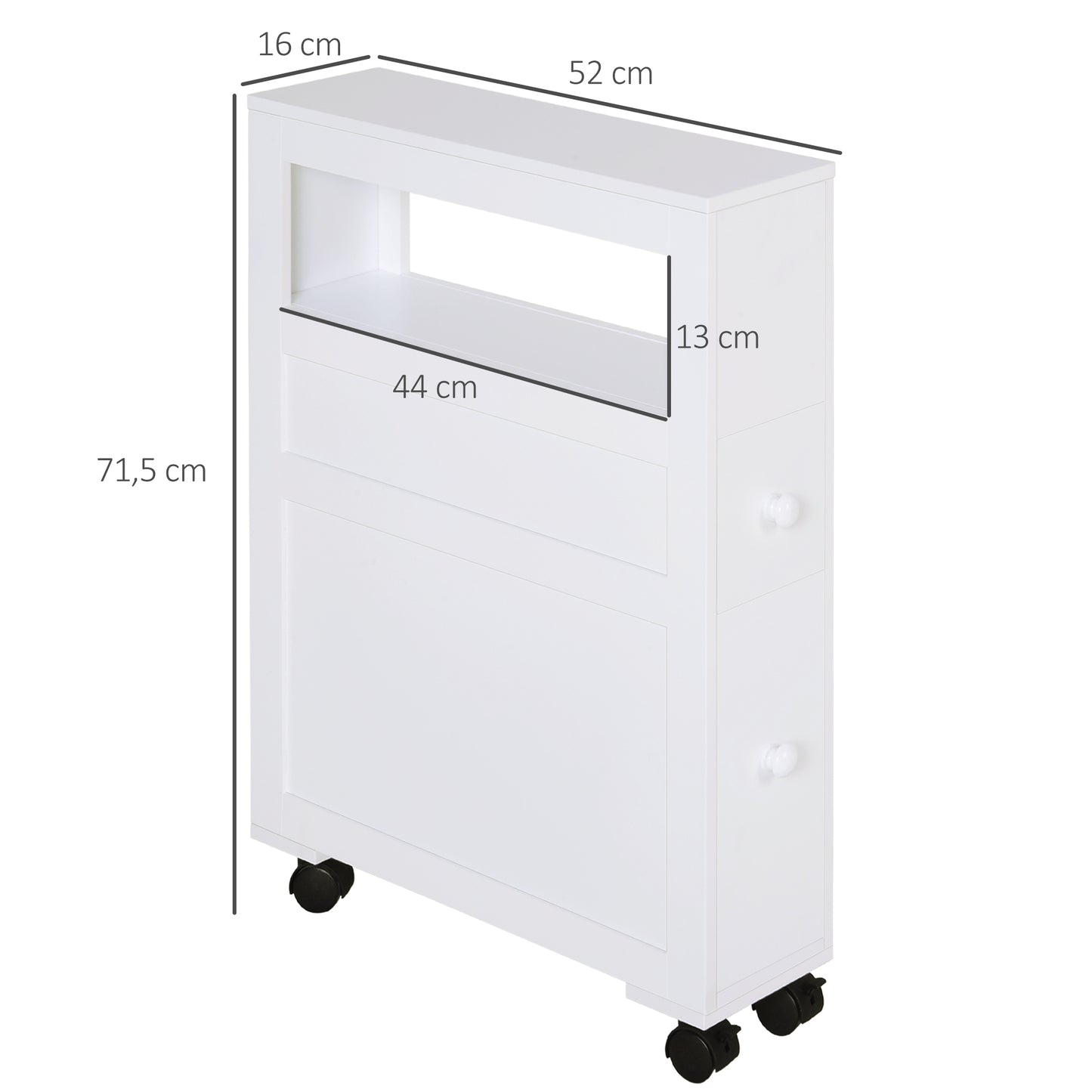 HOMCOM Móvel Auxiliar Casa de Banho Móvel Casa de Banho para Espaços Reduzidos com 4 Rodas Prateleira Aberta e Gavetas 16x52x71,5 cm Branco