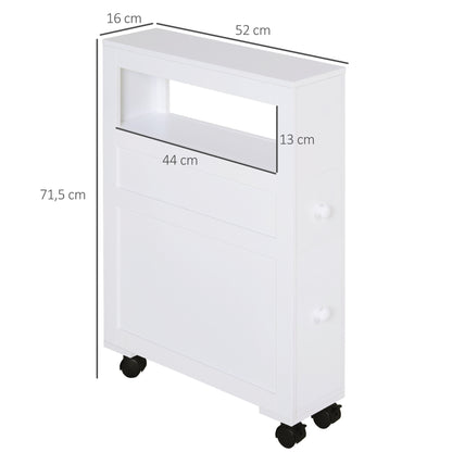 HOMCOM Móvel Auxiliar Casa de Banho Móvel Casa de Banho para Espaços Reduzidos com 4 Rodas Prateleira Aberta e Gavetas 16x52x71,5 cm Branco