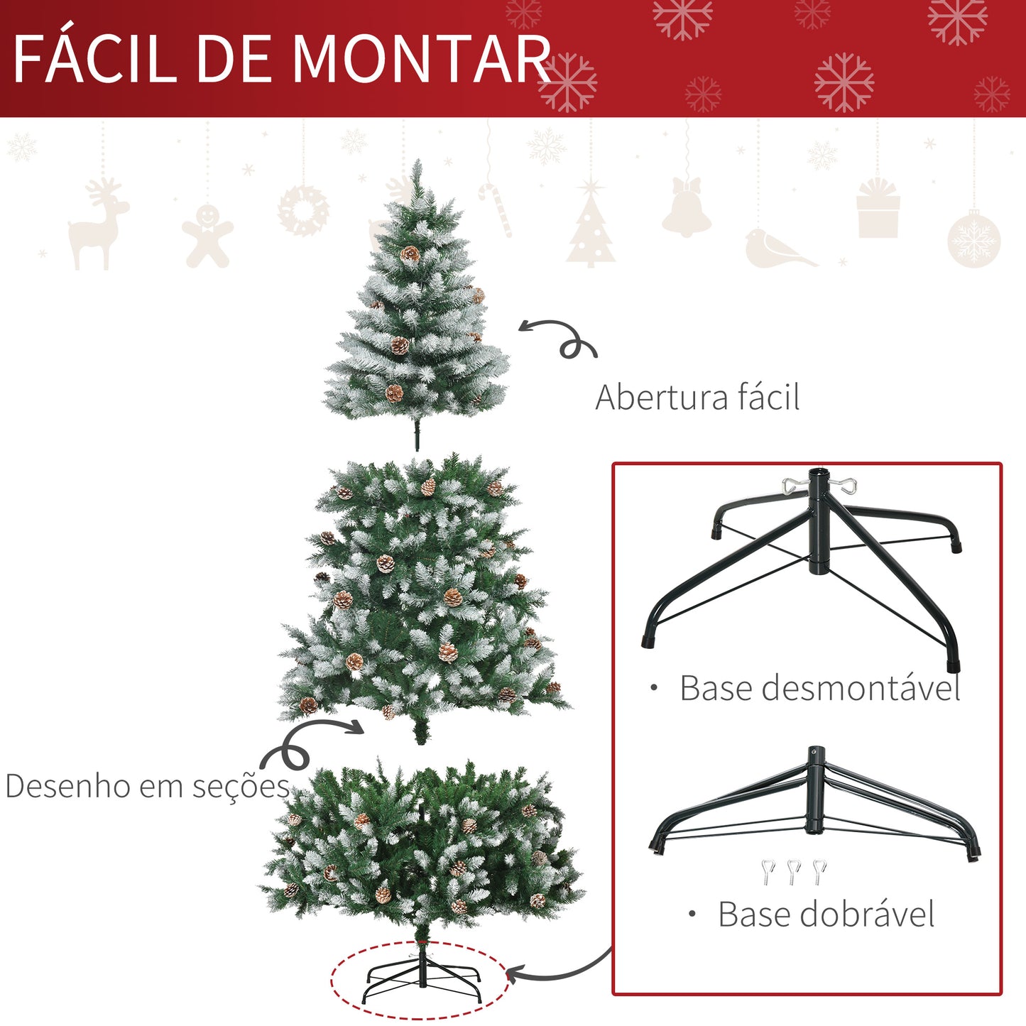 HOMCOM Árvore de Natal Artificial Ø105x210cm com 1440 Pontas de PVC e 75 Pinhas Base Dobrável e Suporte de Aço Decoração de Natal para Interiores Verde