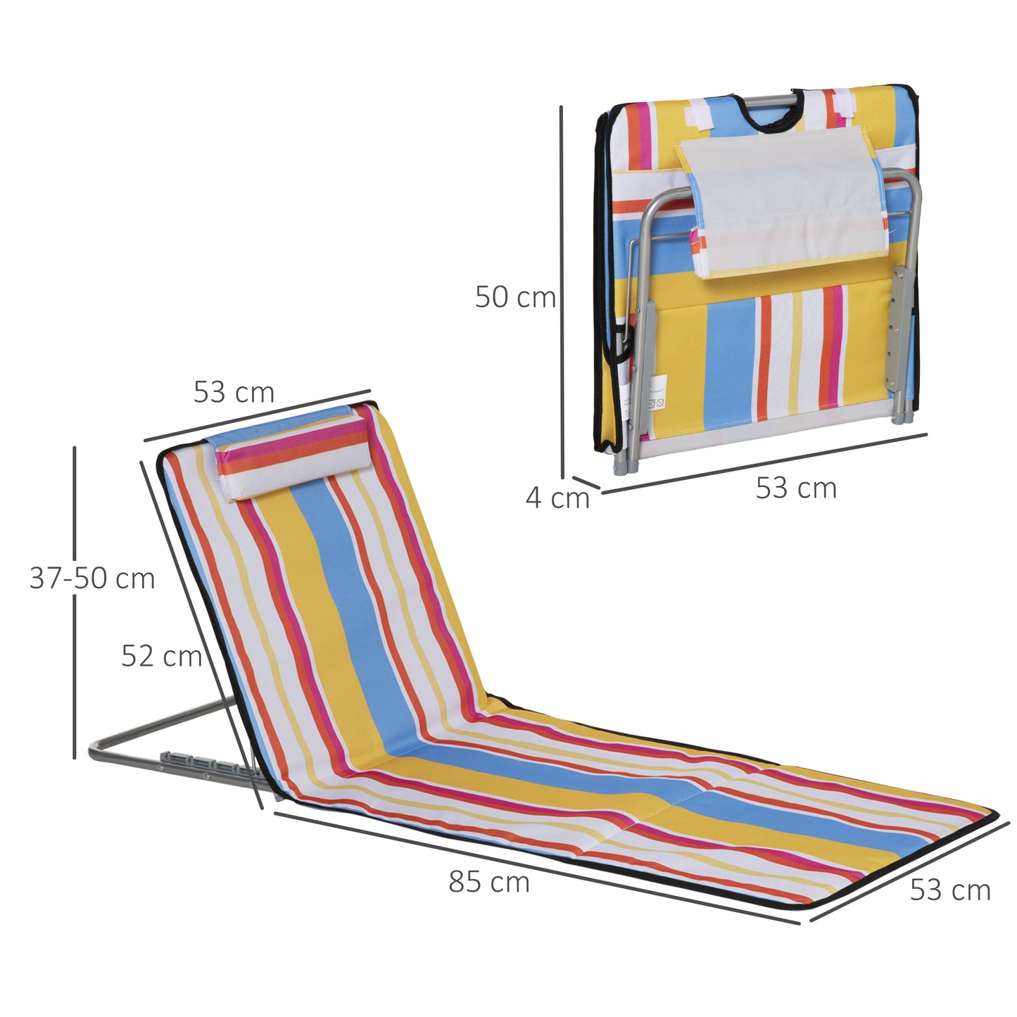 Outsunny Conjunto de 2 Esteiras de Praia Dobráveis 124x53x50cm com Encosto Ajustável e Apoio para a Cabeça Esteira de Praia Tecido Oxford Aço com Bolsa de Transporte Multicor