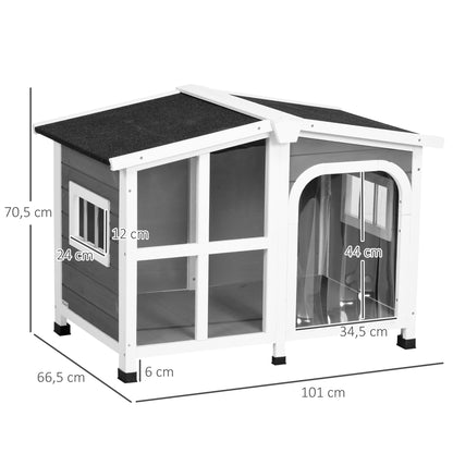 PawHut Casa para Cães de Madeira 101x66,5x70,5cm Casa para Animais de Estimação com Teto Abatível Frontal de Acrílico Porta com Cortina e Fundo Amovível Cinza Escuro