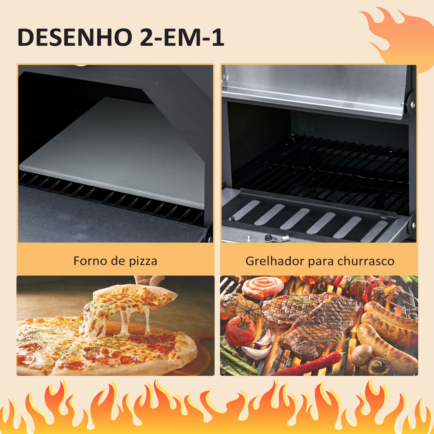 Outsunny Forno de Pizza Exterior com 2 Camadas Forno a Lenha com Rodas Gaveta Removível Prateleira de Armazenamento para Terraço Campismo Jardim 64x54x160 cm Preto