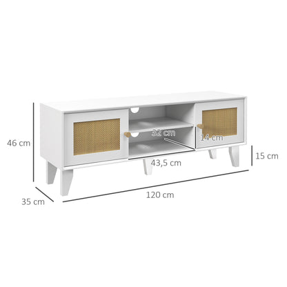 HOMCOM Móvel de TV Móvel de Sala de Estar para Televisores de até 55 Polegadas com 2 Portas de Vime e Prateleira Ajustável para Dormitório 120x35x46 cm Branco