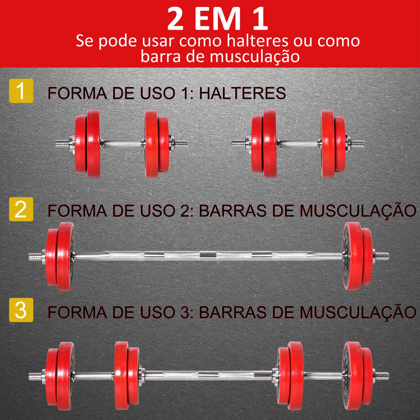 Conjunto de Halteres 20kg Ajustáveis 2 em 1 com 8 Discos 2 Barras e Extensor Ajustável para Treinamento de Força Levantamento de Pesos Casa Academia Escritórios Preto e Vermelho