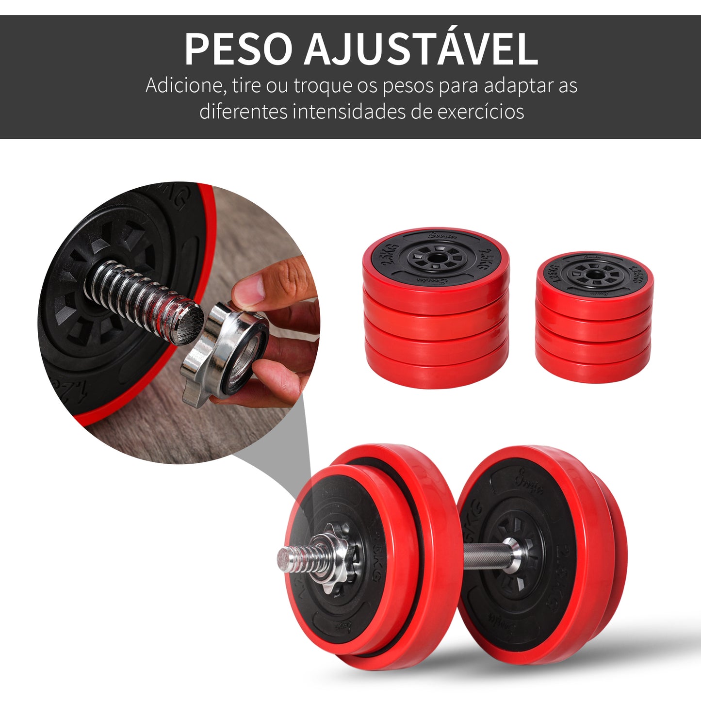 Conjunto de Halteres 20kg Ajustáveis 2 em 1 com 8 Discos 2 Barras e Extensor Ajustável para Treinamento de Força Levantamento de Pesos Casa Academia Escritórios Preto e Vermelho