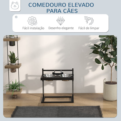 PawHut Comedouro Elevado para Cães Alimentador para Cães com 2 Tigelas de Aço Inoxidável com Altura Ajustável e 1 Peça de Metal com Formato de Osso 40,5x22x39 cm Preto