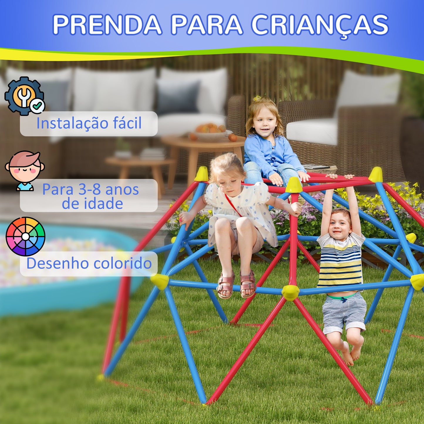 Outsunny Cúpula de Escalada Conjunto de Cúpula Geométrica Parque Infantil para 3-8 Anos Com Estrutura Metálica Anti-UV Carga 180 kg para Pátio Jardim Ø183x90 cm Vermelho e Azul