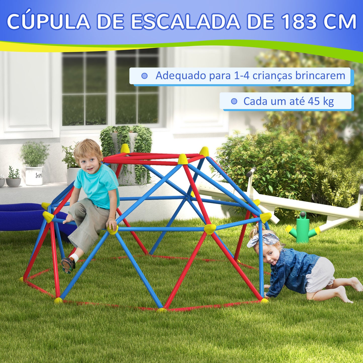 Outsunny Cúpula de Escalada Conjunto de Cúpula Geométrica Parque Infantil para 3-8 Anos Com Estrutura Metálica Anti-UV Carga 180 kg para Pátio Jardim Ø183x90 cm Vermelho e Azul