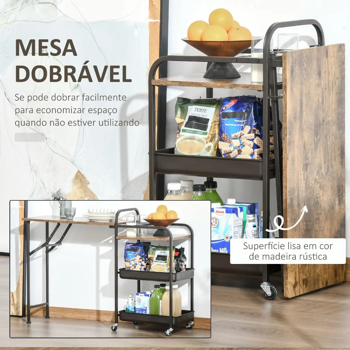 Carrinho de Cozinha com Rodas Carrinho Auxiliar com Prateleiras de 3 Níveis Bancada Dobrável e 2 Porta-Copos para Sala de Jantar 118x36,5x82cm Marrom Rústico