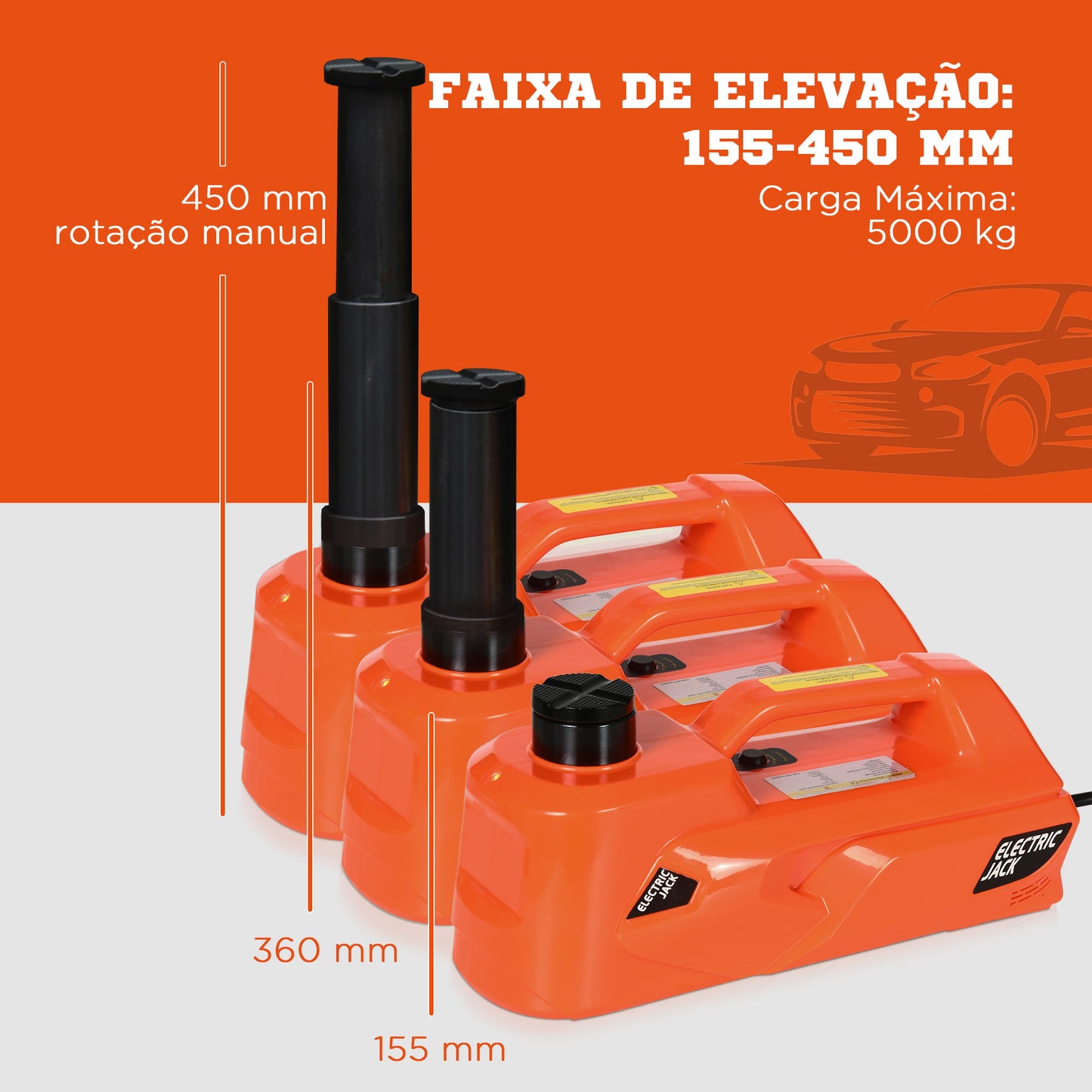 DURHAND Kit de Macaco Elétrico para Carro 12V Macaco Elétrico de Elevação de Carro para até 5 Toneladas de 15-5-45cm Reparação de Pneus para Carros SUV Sedan 40x27,5x18cm Laranja