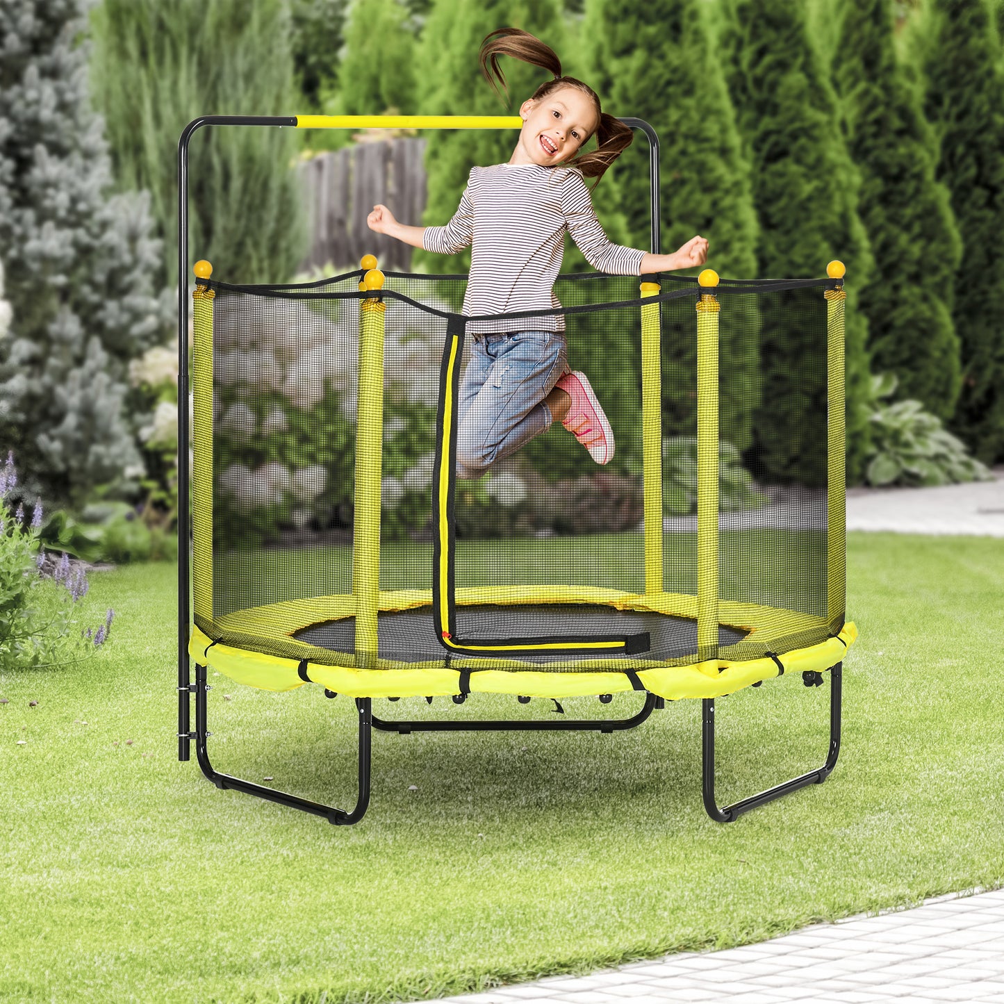 ZONEKIZ Trampolim Infantil Ø110 cm Trampolim para Crianças de 1-10 Anos com Rede de Segurança Barra Ajustável para Interior e Exterior Ø140x120-140 cm Amarelo