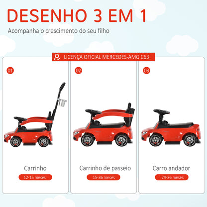 HOMCOM Carro Andador para Bebé Mercedes AMG C63 Carro Andador para Crianças de 1 a 3 Anos com Barreira de Segurança Buzina Assento de Armazenamento e Suporte para Garrafas Carga 25 kg 84x40x83 cm Vermelho