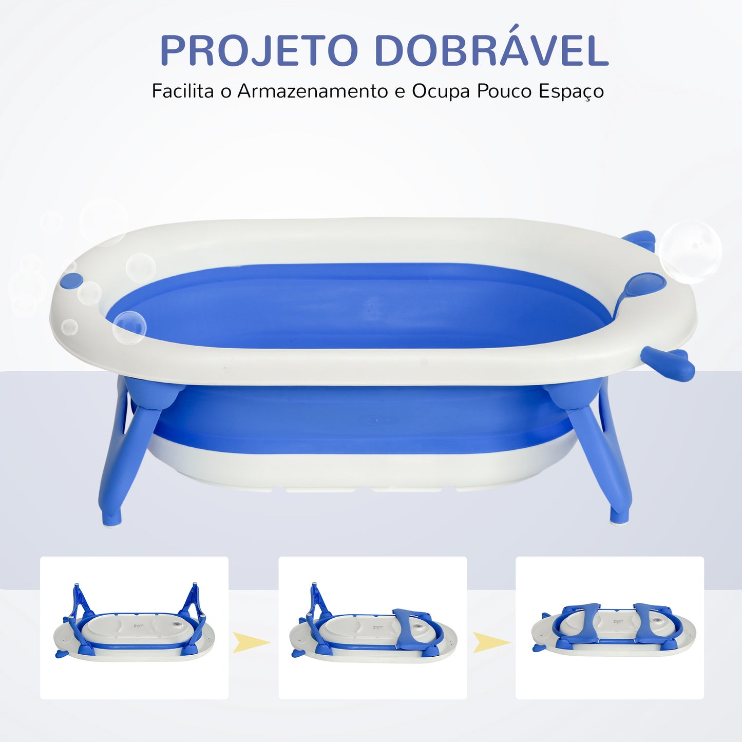 HOMCOM Banheira para Bebé Recém Nascido até 3 Anos Dobrável 30 Litros com Tampa Termossensível e Almofada Confortável Almofadas Antiderrapantes 81,5x50,5x23,5cm Azul e Branco