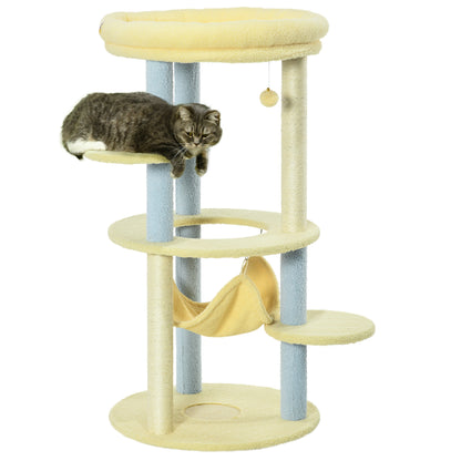 PawHut Arranhador para Gatos Médio 110 cm Torre para Gatos Centro de Atividades para Gatos com Rede Poste de Sisal e Bola Suspensa Ø58x110 cm Amarelo e Azul