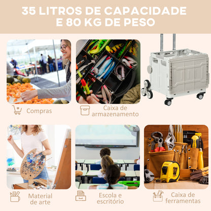 HOMCOM Carrinho de Armazenamento Dobrável Carrinho de Compras com 2 Rodas para Subir Escadas 2 Rodas Universais Ângulo e Comprimento da Pega Ajustáveis Capacidade 35L 48x43x95 cm Branco