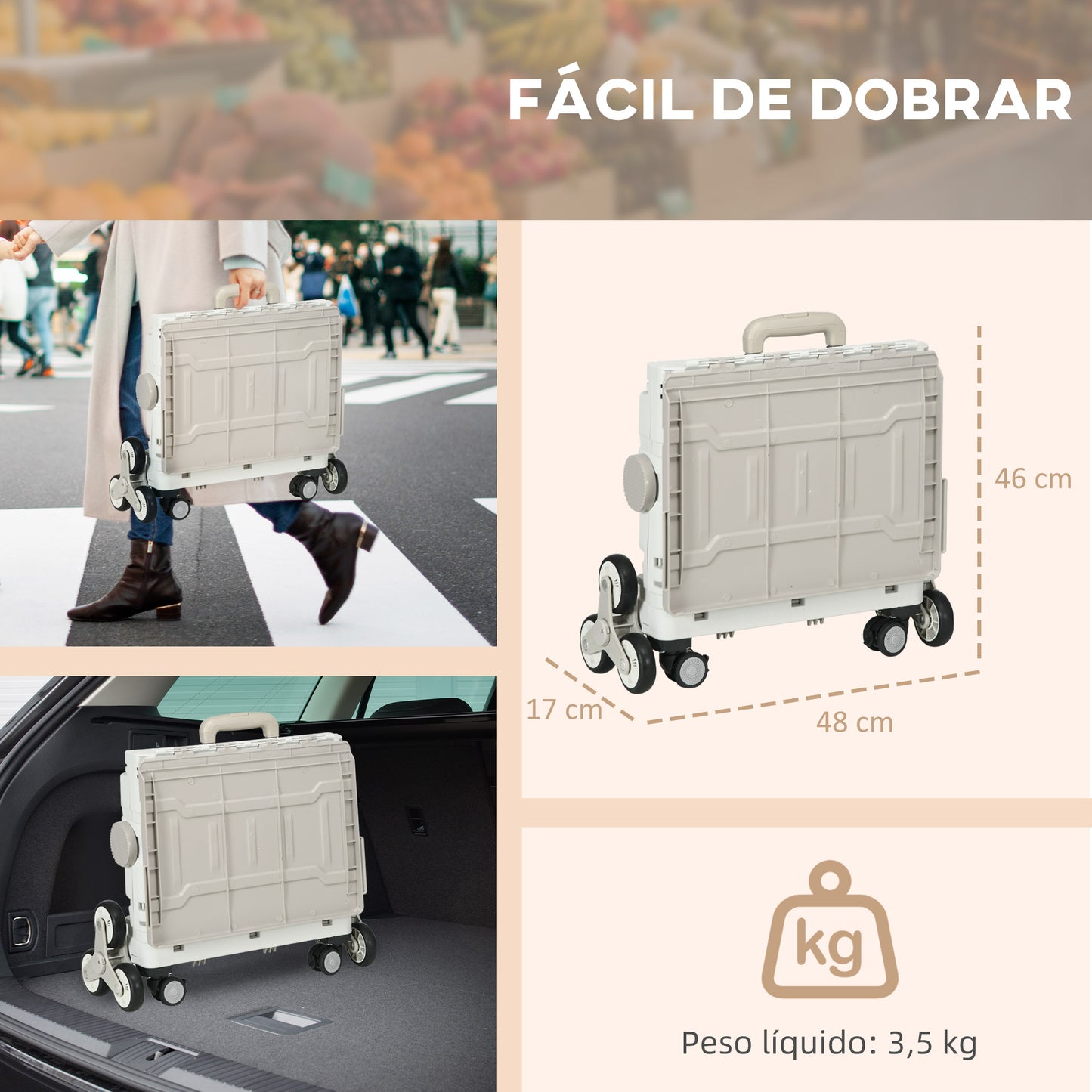 HOMCOM Carrinho de Armazenamento Dobrável Carrinho de Compras com 2 Rodas para Subir Escadas 2 Rodas Universais Ângulo e Comprimento da Pega Ajustáveis Capacidade 35L 48x43x95 cm Branco