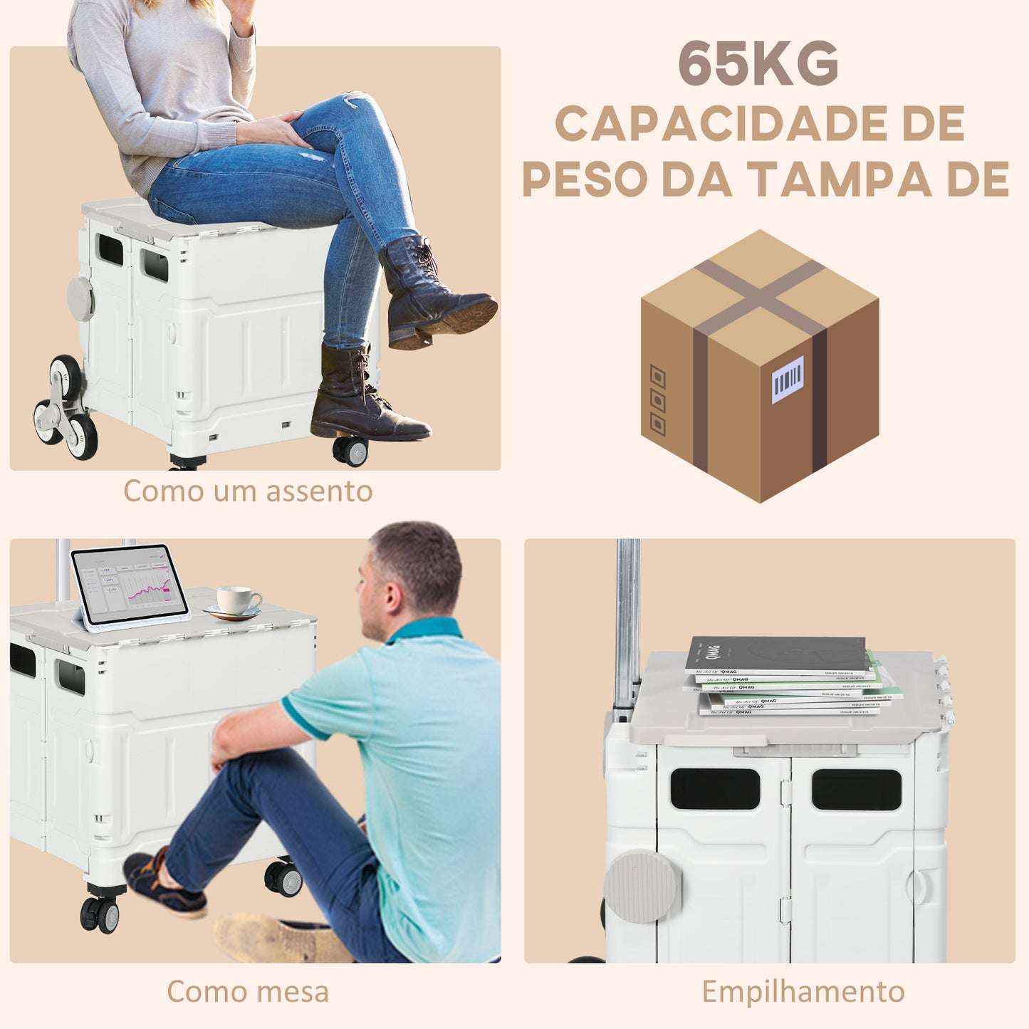 HOMCOM Carrinho de Armazenamento Dobrável Carrinho de Compras com 2 Rodas para Subir Escadas 2 Rodas Universais Ângulo e Comprimento da Pega Ajustáveis Capacidade 35L 48x43x95 cm Branco