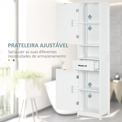 kleankin Coluna de Casa de Banho Móvel Auxiliar de Casa de Banho com 2 Portas 1 Gaveta Prateleira Aberta e Prateleiras Ajustáveis 40x30x164 cm Branco