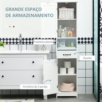 kleankin Coluna de Casa de Banho Móvel Auxiliar de Casa de Banho com 2 Portas 1 Gaveta Prateleira Aberta e Prateleiras Ajustáveis 40x30x164 cm Branco