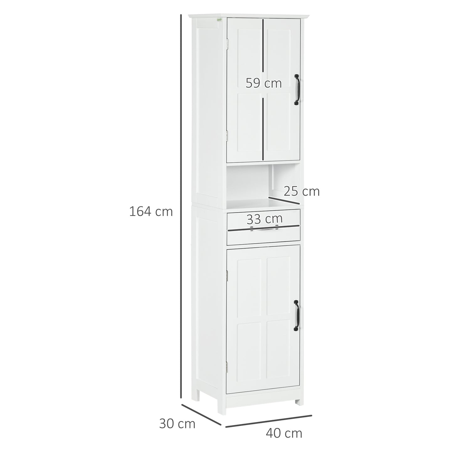 kleankin Coluna de Casa de Banho Móvel Auxiliar de Casa de Banho com 2 Portas 1 Gaveta Prateleira Aberta e Prateleiras Ajustáveis 40x30x164 cm Branco