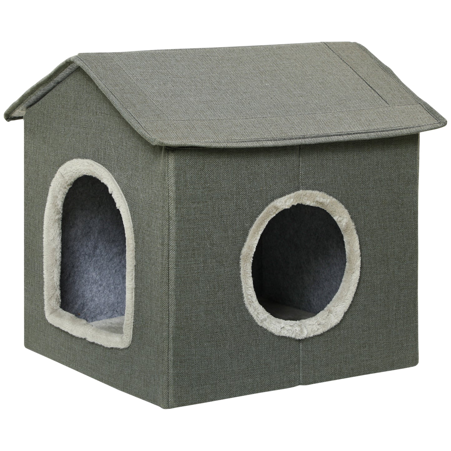 PawHut Casa para Gatos Cama para Gatos Caverna para Gatos com 2 portas e Almofada Lavável 39x43,5x40,5 cm Cinzento