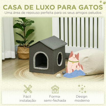 PawHut Casa para Gatos Cama para Gatos Caverna para Gatos com 2 portas e Almofada Lavável 39x43,5x40,5 cm Cinzento