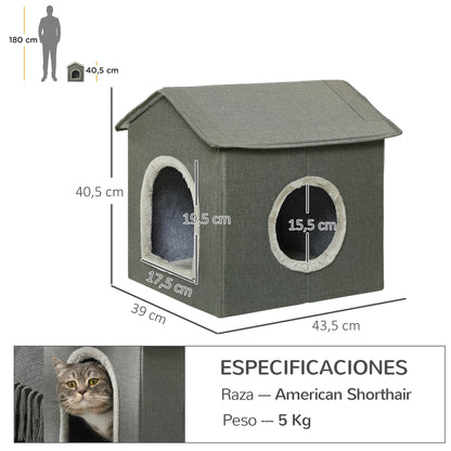 PawHut Casa para Gatos Cama para Gatos Caverna para Gatos com 2 portas e Almofada Lavável 39x43,5x40,5 cm Cinzento