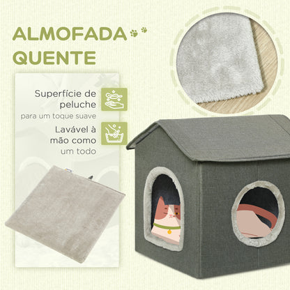 PawHut Casa para Gatos Cama para Gatos Caverna para Gatos com 2 portas e Almofada Lavável 39x43,5x40,5 cm Cinzento