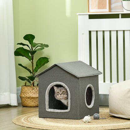 PawHut Casa para Gatos Cama para Gatos Caverna para Gatos com 2 portas e Almofada Lavável 39x43,5x40,5 cm Cinzento