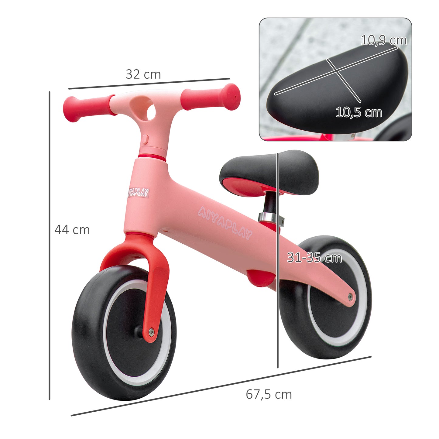 AIYAPLAY Bicicleta sem Pedais para Crianças de 18-36 Meses Bicicleta de Equilíbrio com Assento Ajustável em Altura Suporta 25 kg 67,5x32x44 cm Rosa