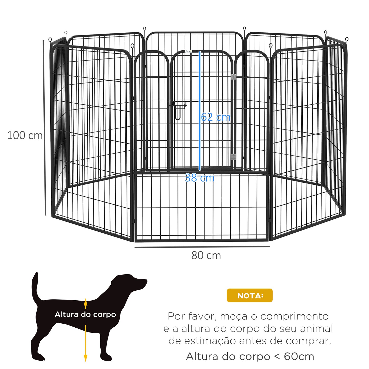 PawHut Parque para Cães 8 Varas 79x100cm Esquadra Dobrável com Porta e Dupla Trava Preto