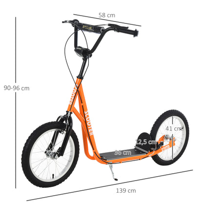 HOMCOM trotinete para crianças acima de 5 anos Com guiador ajustável em altura 2 pneus de borracha infláveis com freio duplo Carga 100 kg 139x58x90-96 cm Laranja