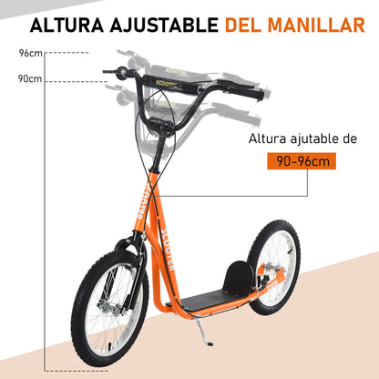 HOMCOM trotinete para crianças acima de 5 anos Com guiador ajustável em altura 2 pneus de borracha infláveis com freio duplo Carga 100 kg 139x58x90-96 cm Laranja